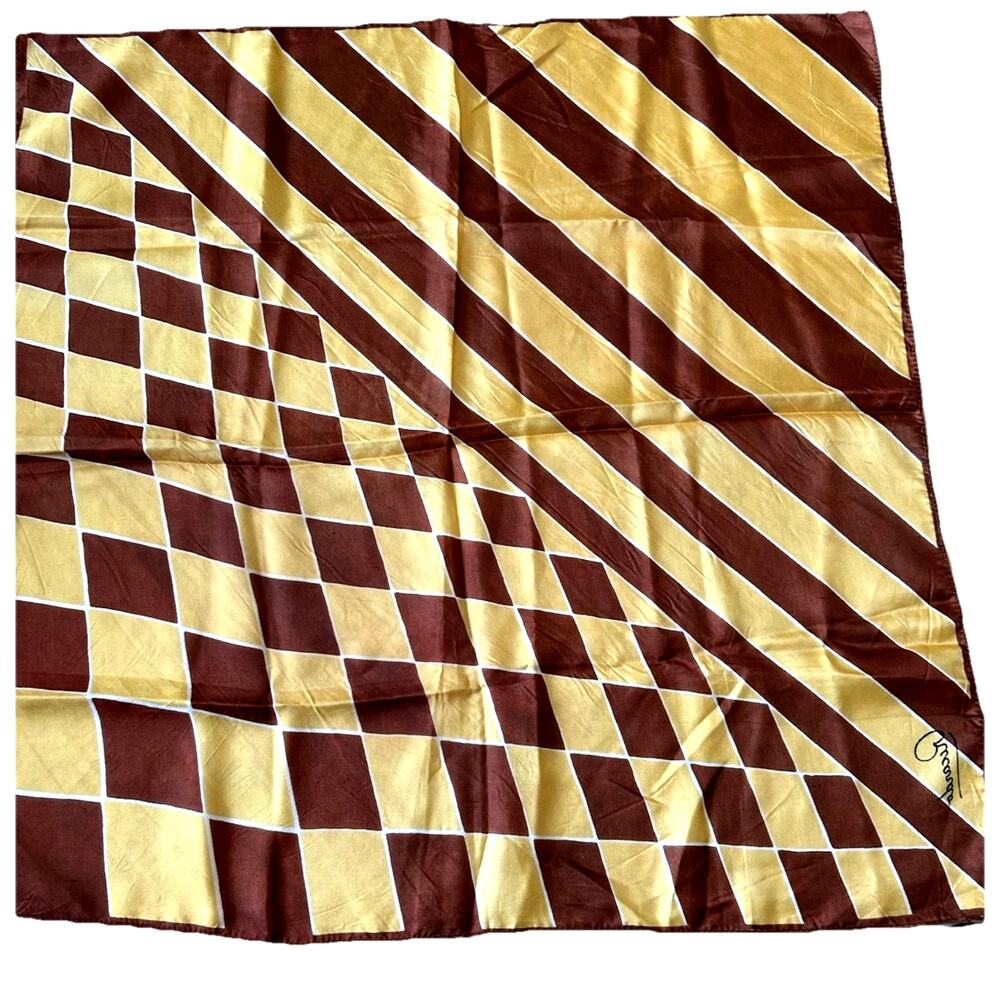 Vtg ricardo geo Scarf Silk check stripe brown gold 1960s Secretary Retro Boho